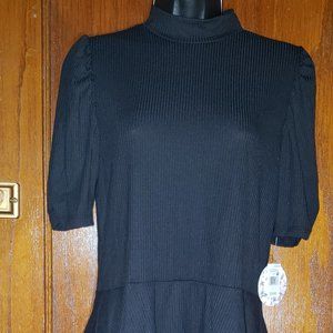 Love + Joy Black Ribbed Shirt 3/4 puff sleeve flared bottom Sz L Large
